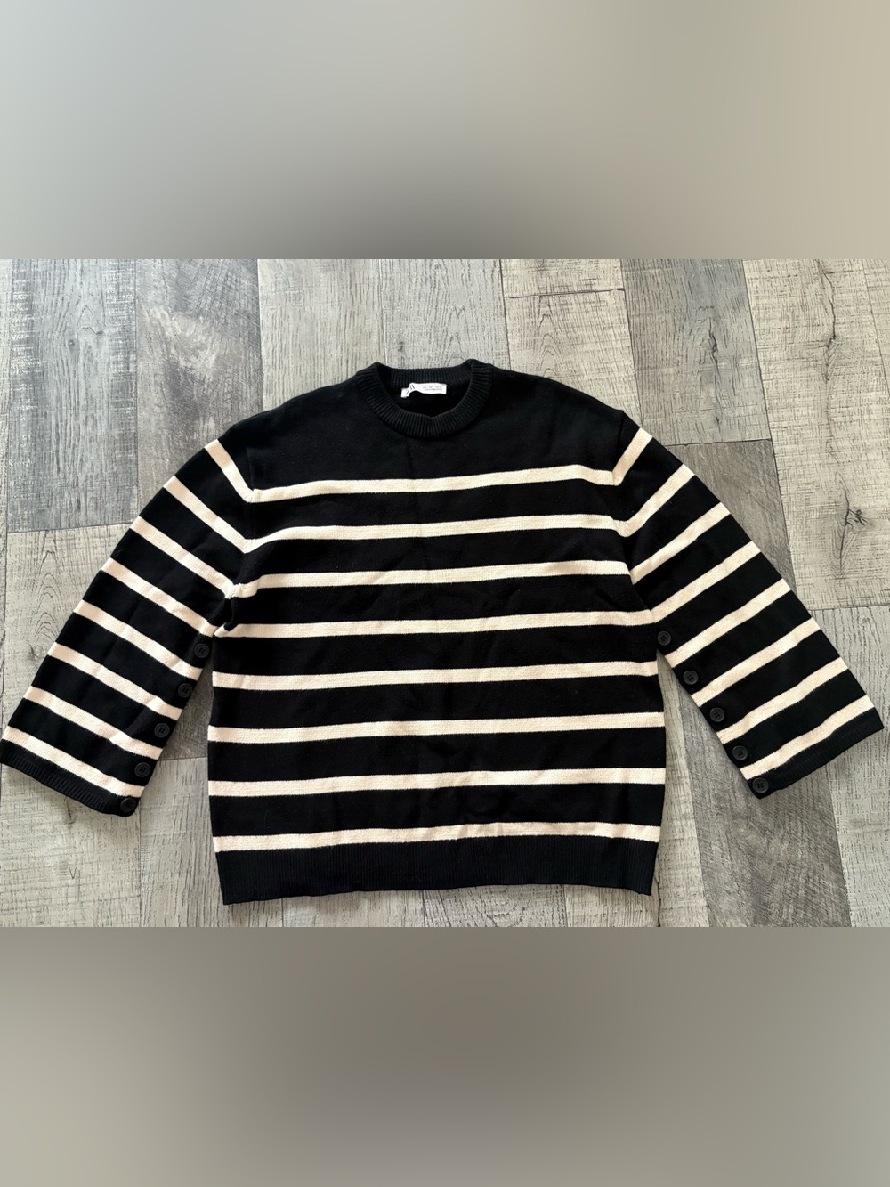 Zara Black & Cream Striped Crewneck Sweater with Sleeve Buttons
